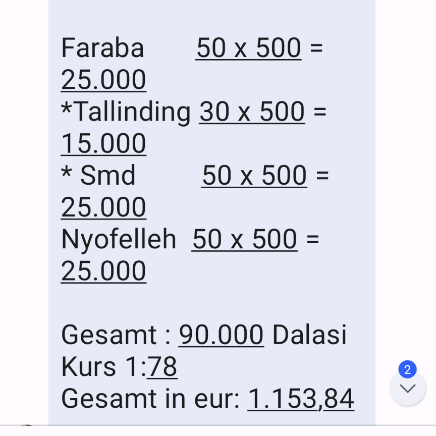 Ausschnitt aus Preiskalkulation für Moskitonetze